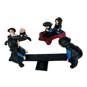 Vintage Cast Iron Amish Family Children on See-Saw and Cart Old Couple 8 Pc Set